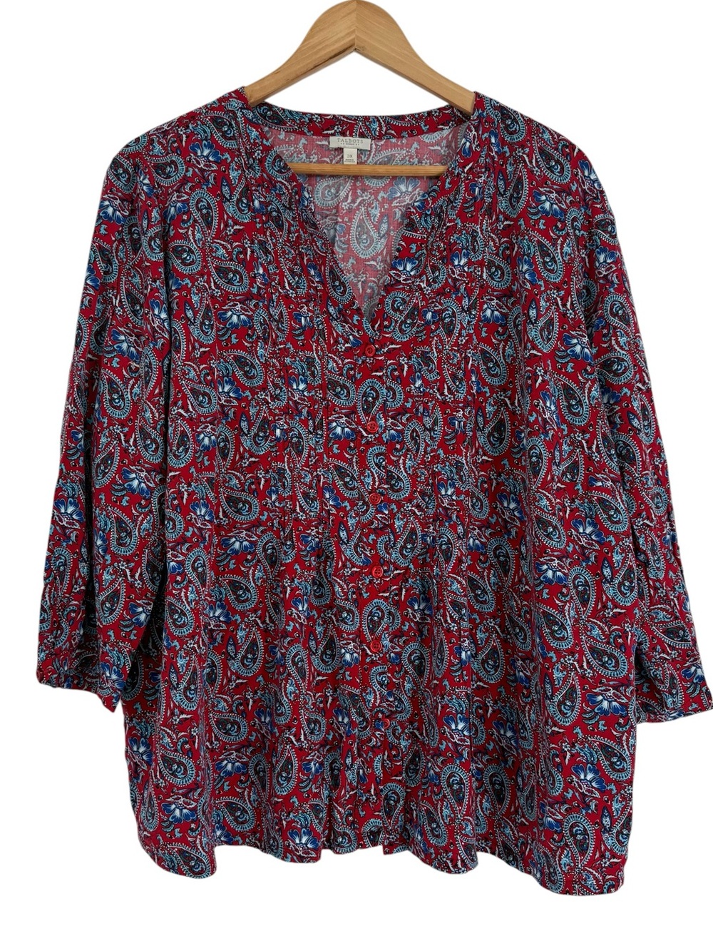 Talbots Womens Button Up 3/4 Sleeve Top Size 3X Red Blue Paisley Rayon
